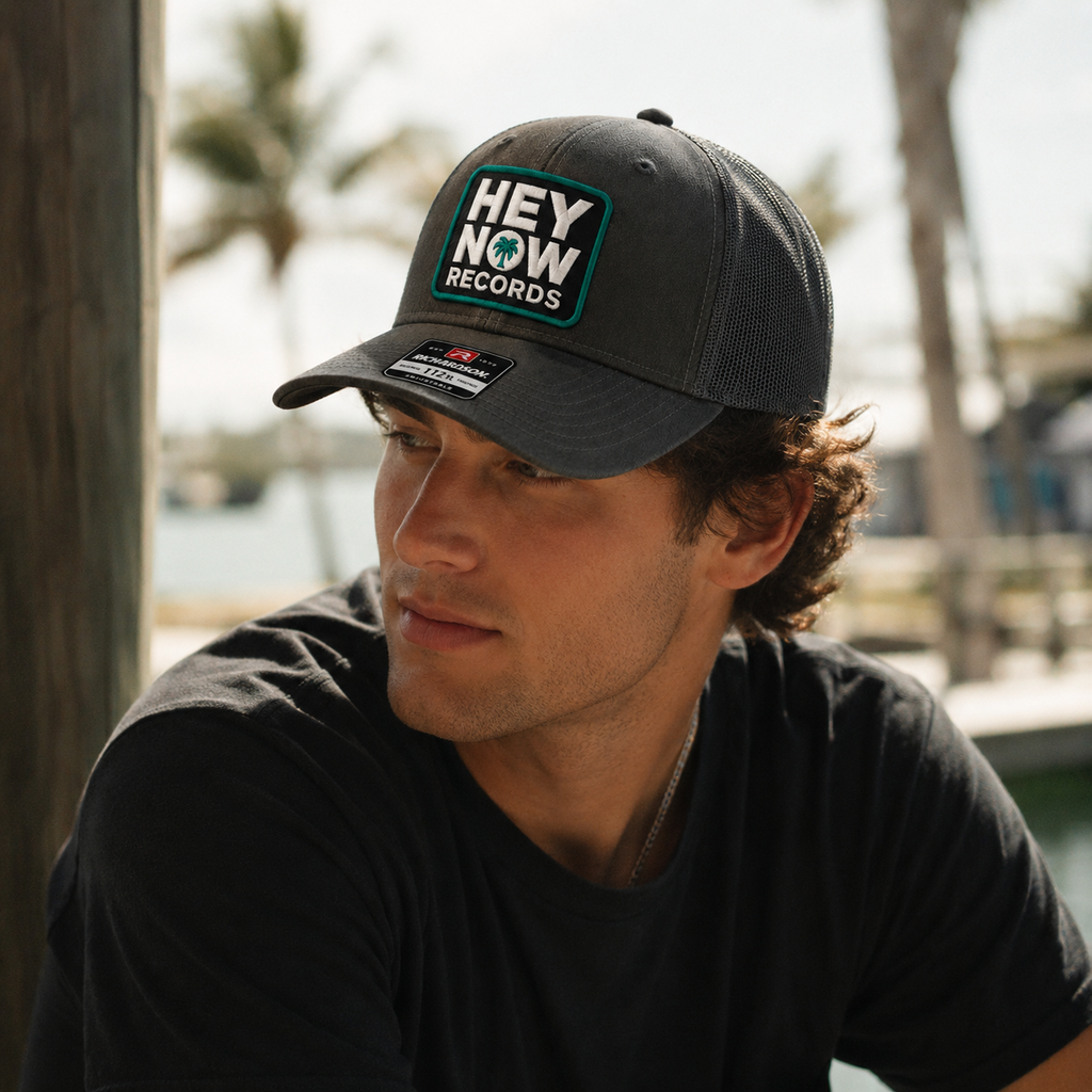 HEY NOW RECORDS - Square Logo Trucker Hat on Model